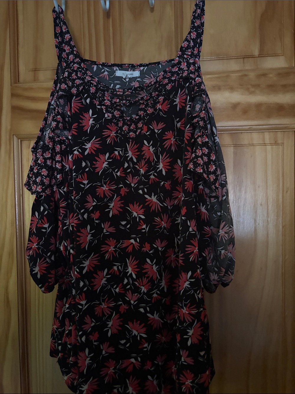 Maurices Black Floral Lace-Up Top with Pink Accents